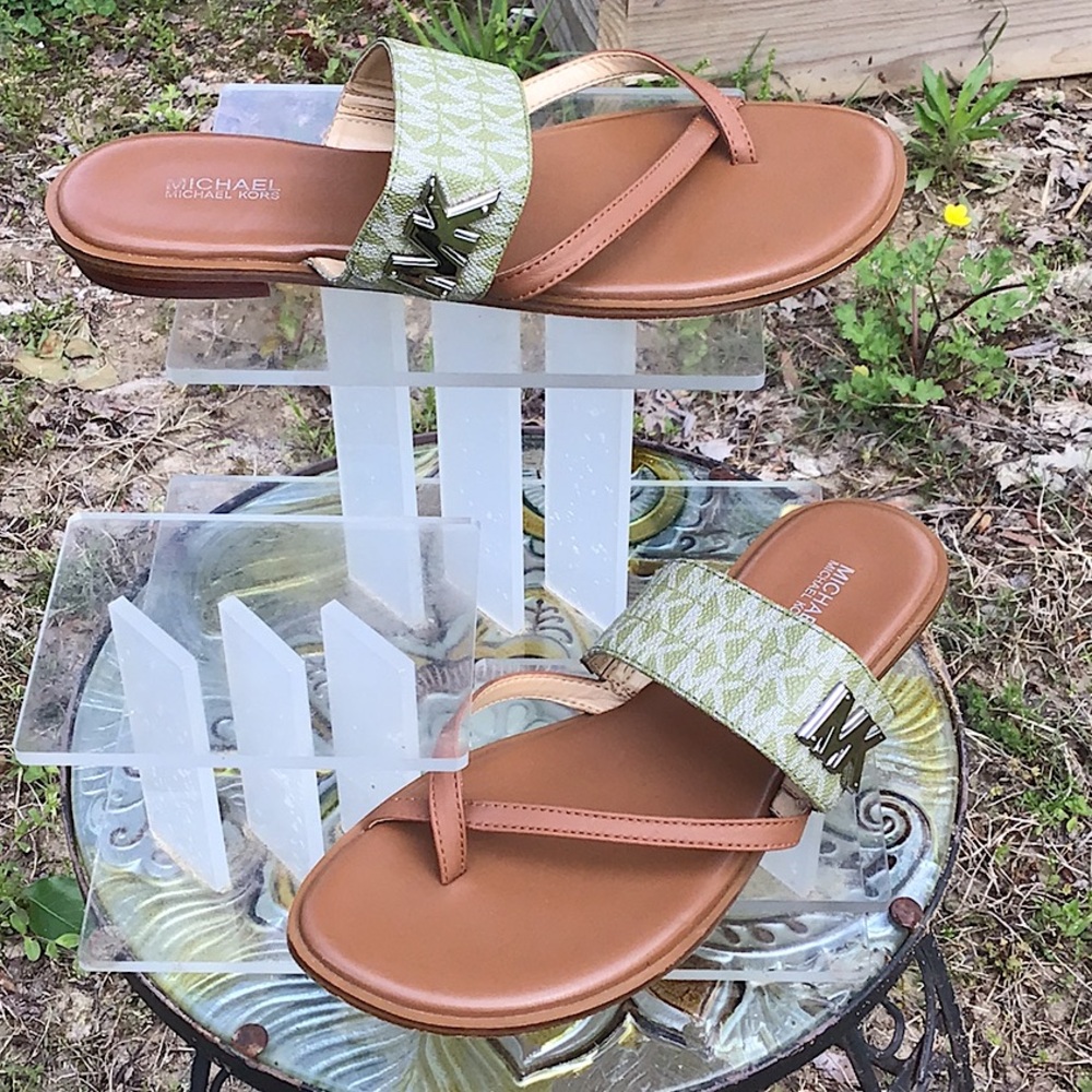 Michael By Micheal Kors Sidney Thong Flat Tan and Green MK Logo Women's Sandals - Picture 3 of 16